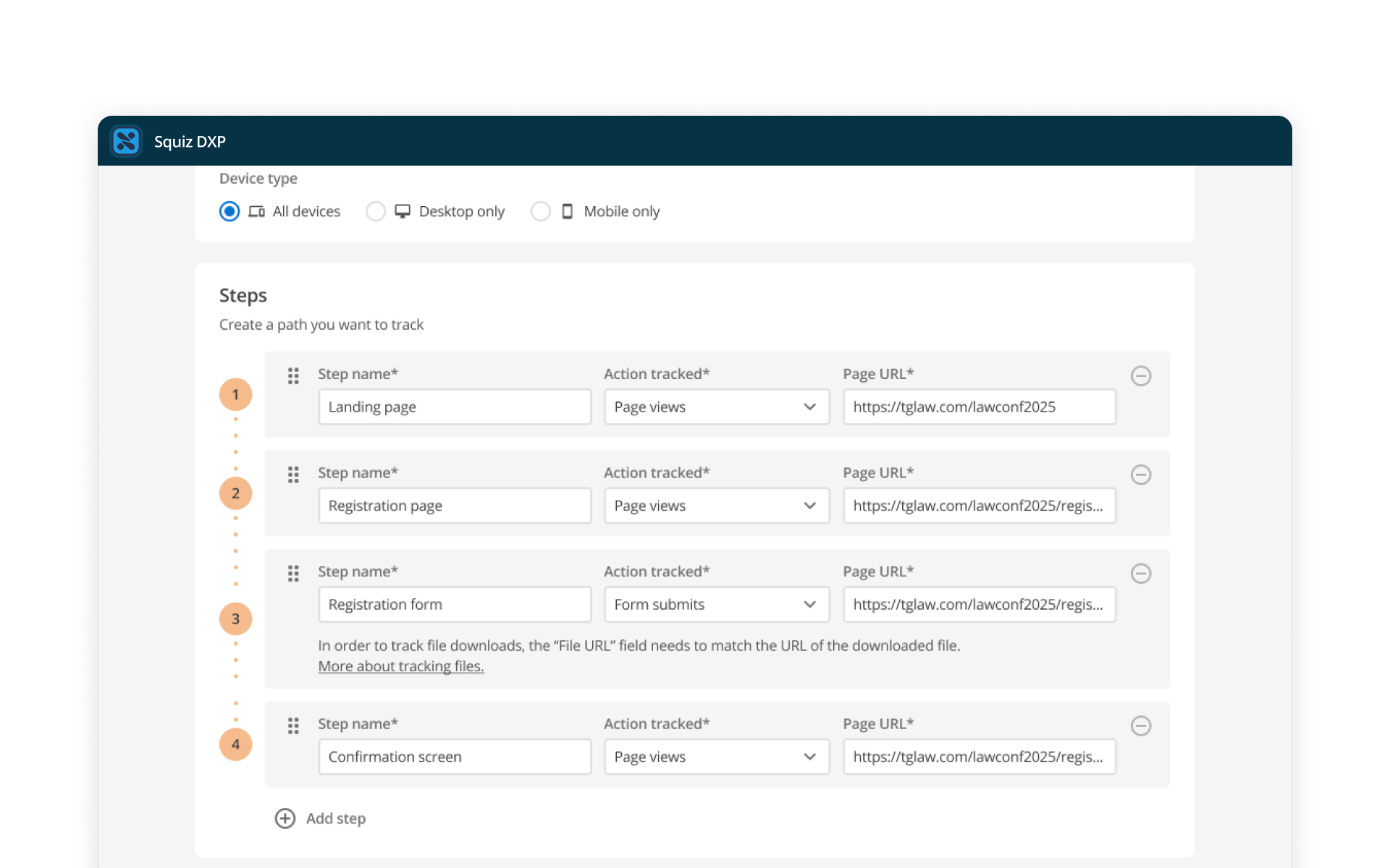 A user interface from Squiz DXP displaying a step-by-step setup for tracking key user journeys. The interface allows users to define a path to track, specifying step names, actions tracked (such as page views or form submissions), and corresponding page URLs. The steps listed include 'Landing page,' 'Registration page,' 'Registration form,' and 'Confirmation screen.'