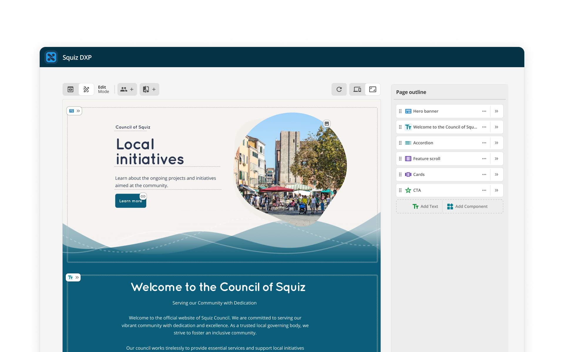 Squiz DXP's Visual Page Builder interface. It shows a government webpage (named 