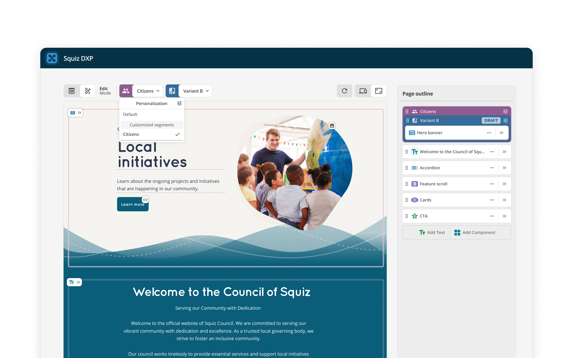 Squiz DXP's Visual Page Builder interface. It shows a government webpage (named 