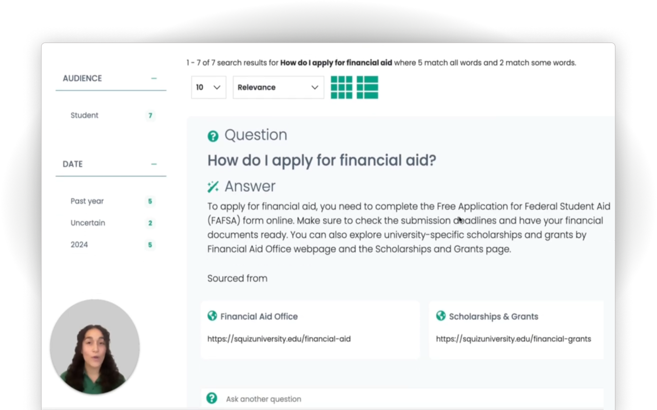 Squiz Solutions Engineer showing a demo screen of a search experience. The search experience shows an AI-generated response to a question, along with source links and additional information.