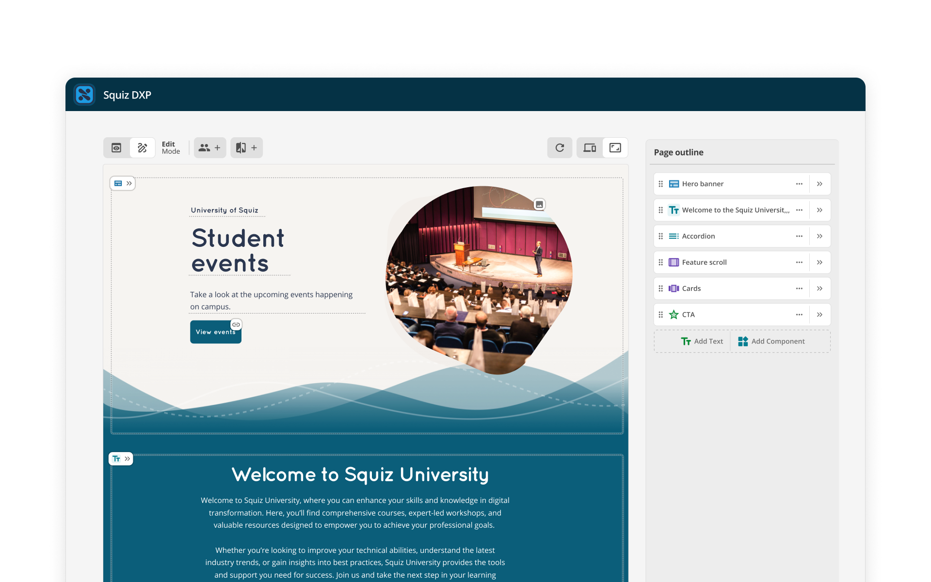 Squiz DXP's Visual Page Builder interface. It shows a university webpage (named 