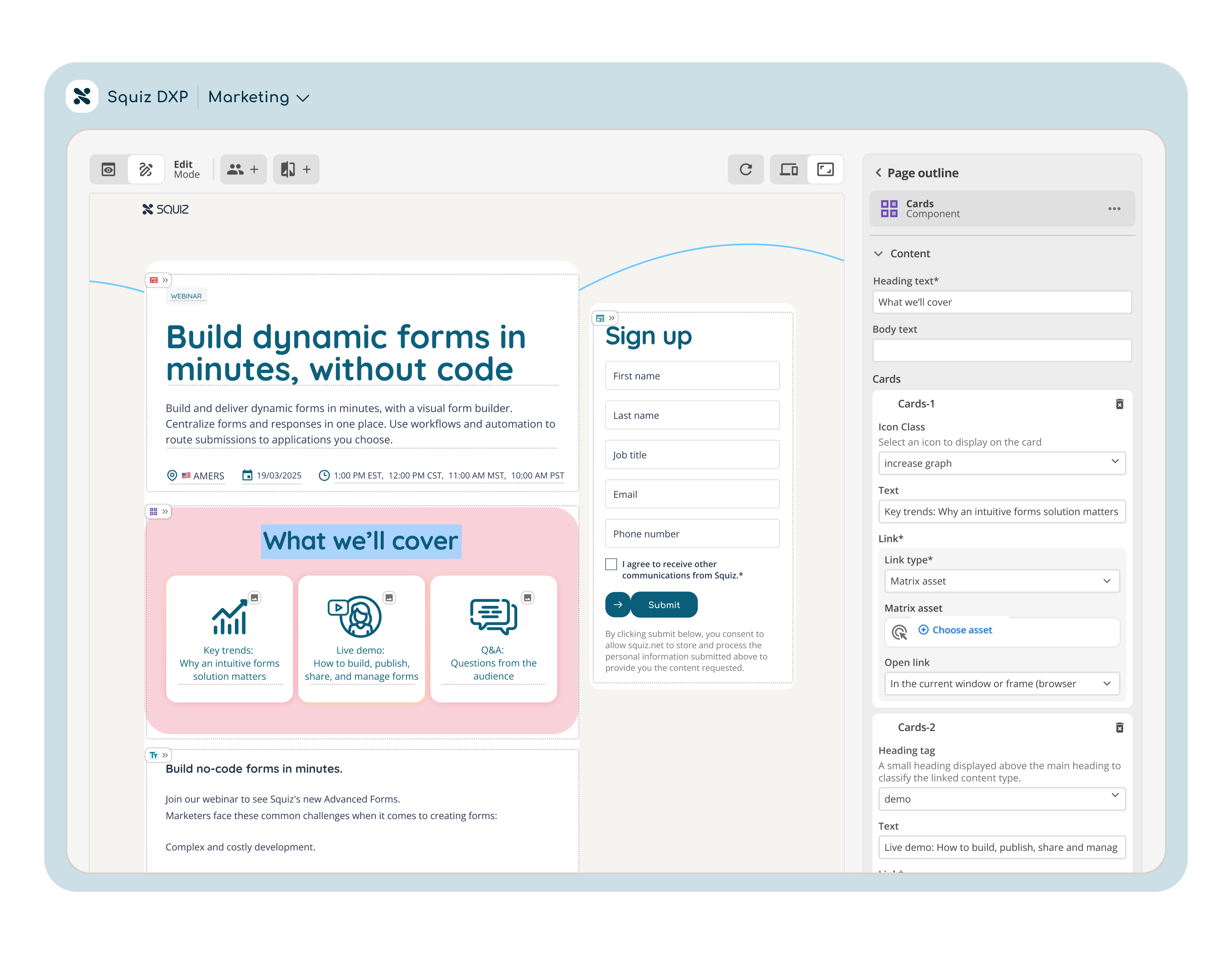 Squiz DXP's visual page builder, showing a webinar registration page within an inline editing interface. An editing panel on the right-hand side shows editable form fields that reflect the webpage components in the inline editing interface. 