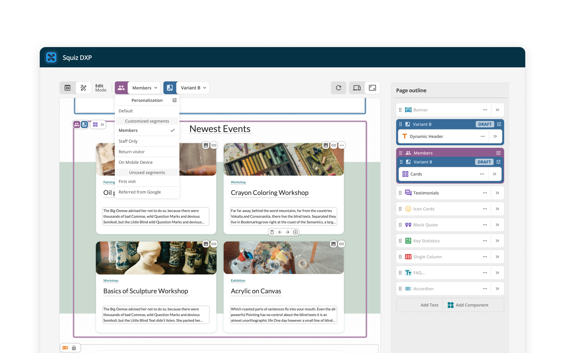 Squiz DXP's visual page builder, showing an event page within an inline editing interface. A 