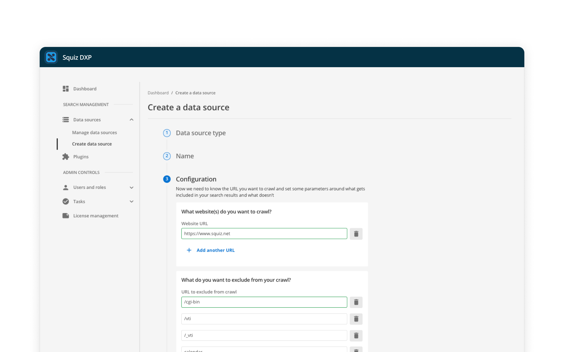 An admin interface for creating a data source in Squiz DXP. The configuration section shows URL input fields where users can specify which website URLs to crawl and which URLs to exclude from the crawl, with options to add multiple entries for each.