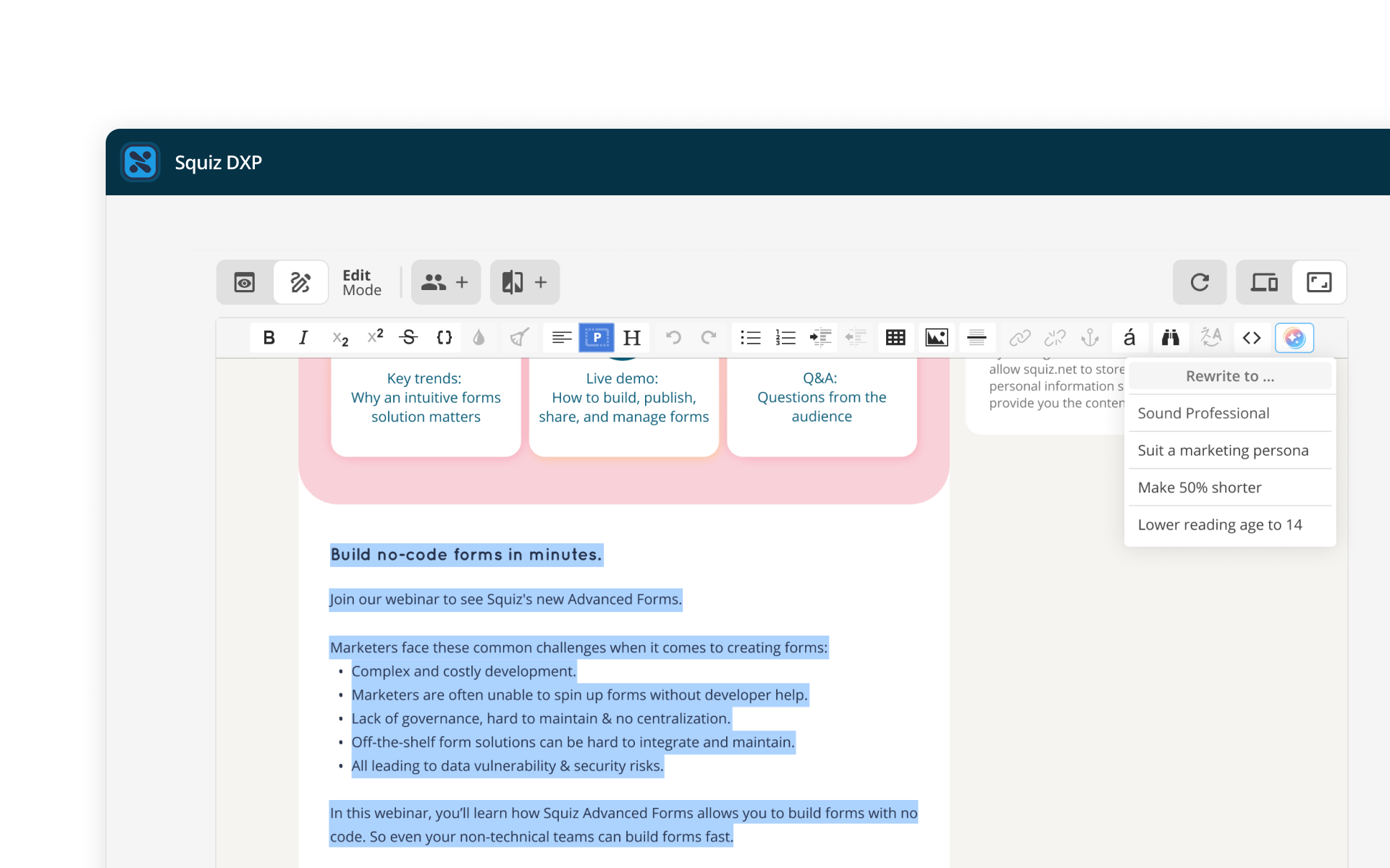 A text editor interface in Squiz DXP showing a highlighted text block, and a GenAI content editing tool featuring a drop-down menu . The drop-down includes options to rewrite to 