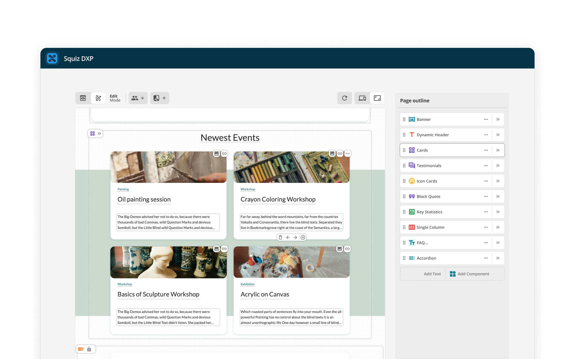 Squiz DXP's visual page builder, showing an event page within an inline editing interface. A 