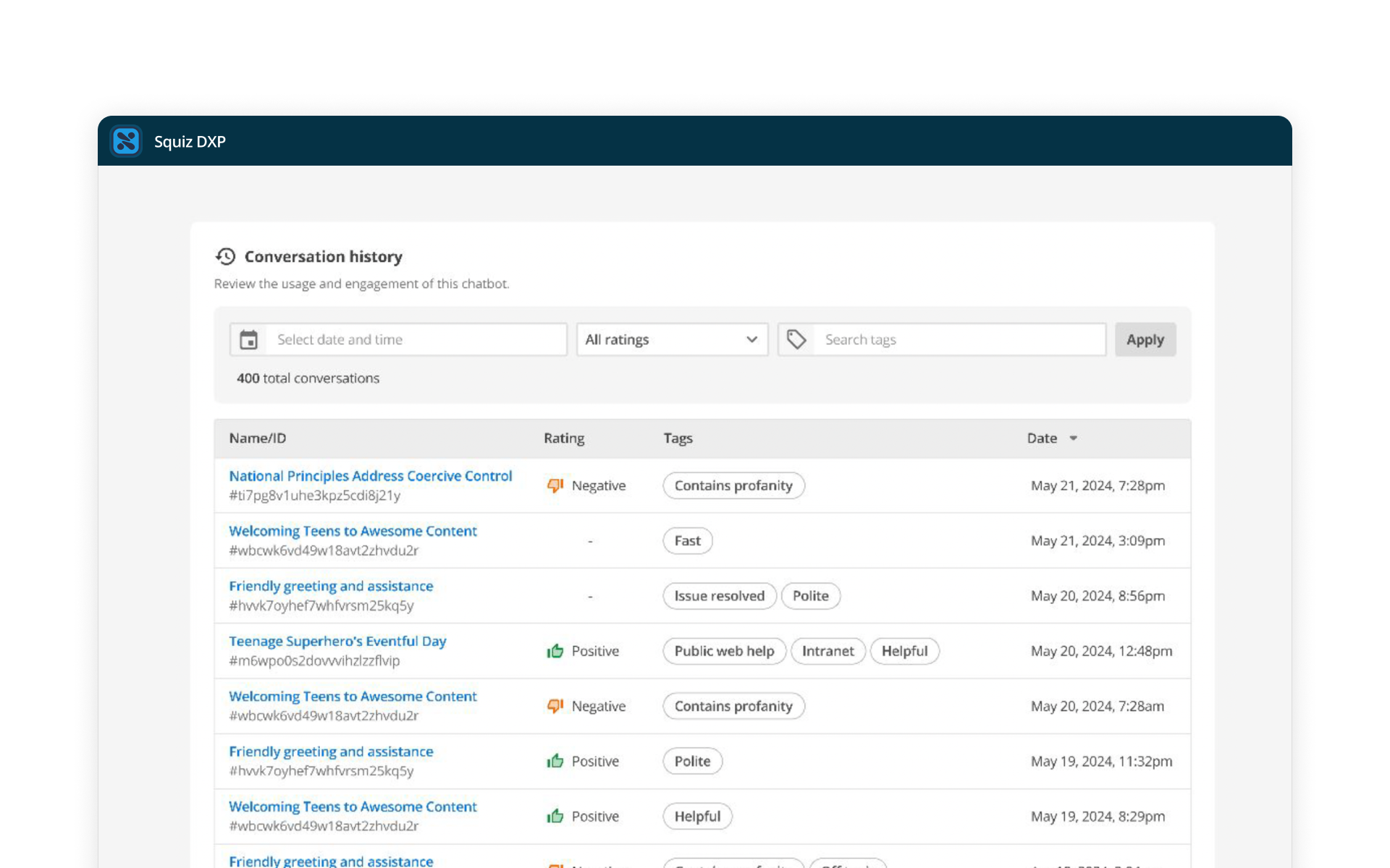 An admin dashboard showing conversation history from a conversational search interface. The page displays a list of user interactions with ratings, tags, and timestamps, allowing administrators to monitor usage, review user feedback