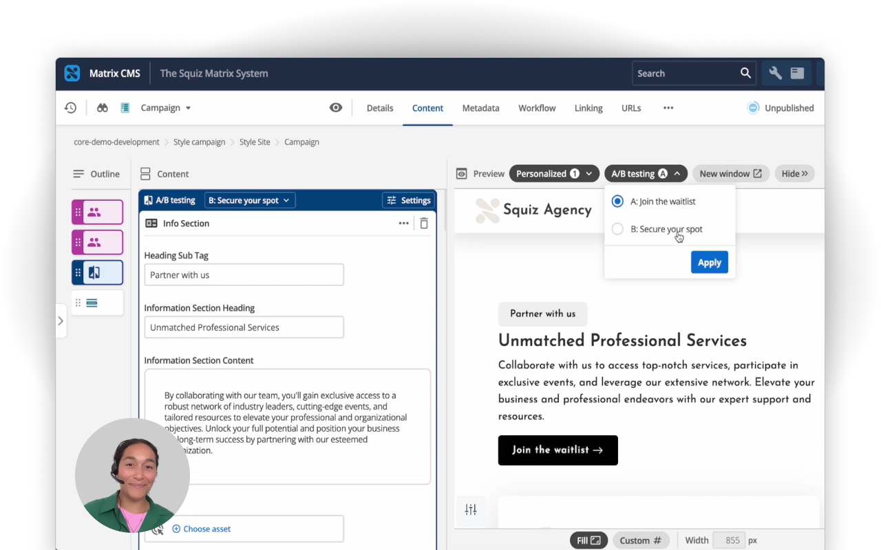 Squiz Solutions Engineer showing a demo screen of a page builder with A/B testing applied to a content block.