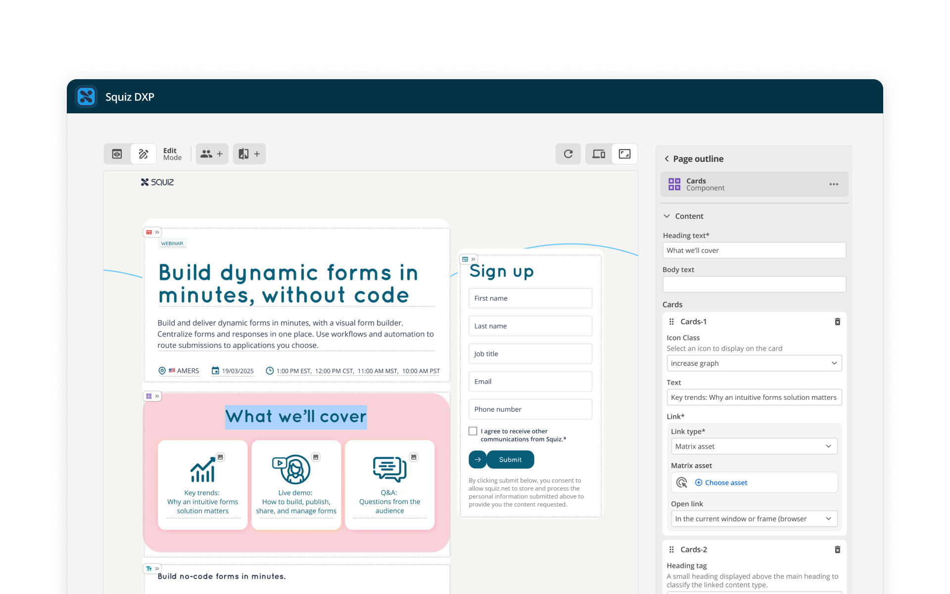 Squiz DXP's visual page builder, showing a webinar registration page within an inline editing interface. An editing panel on the right-hand side shows editable form fields that reflect the webpage components in the inline editing interface. 