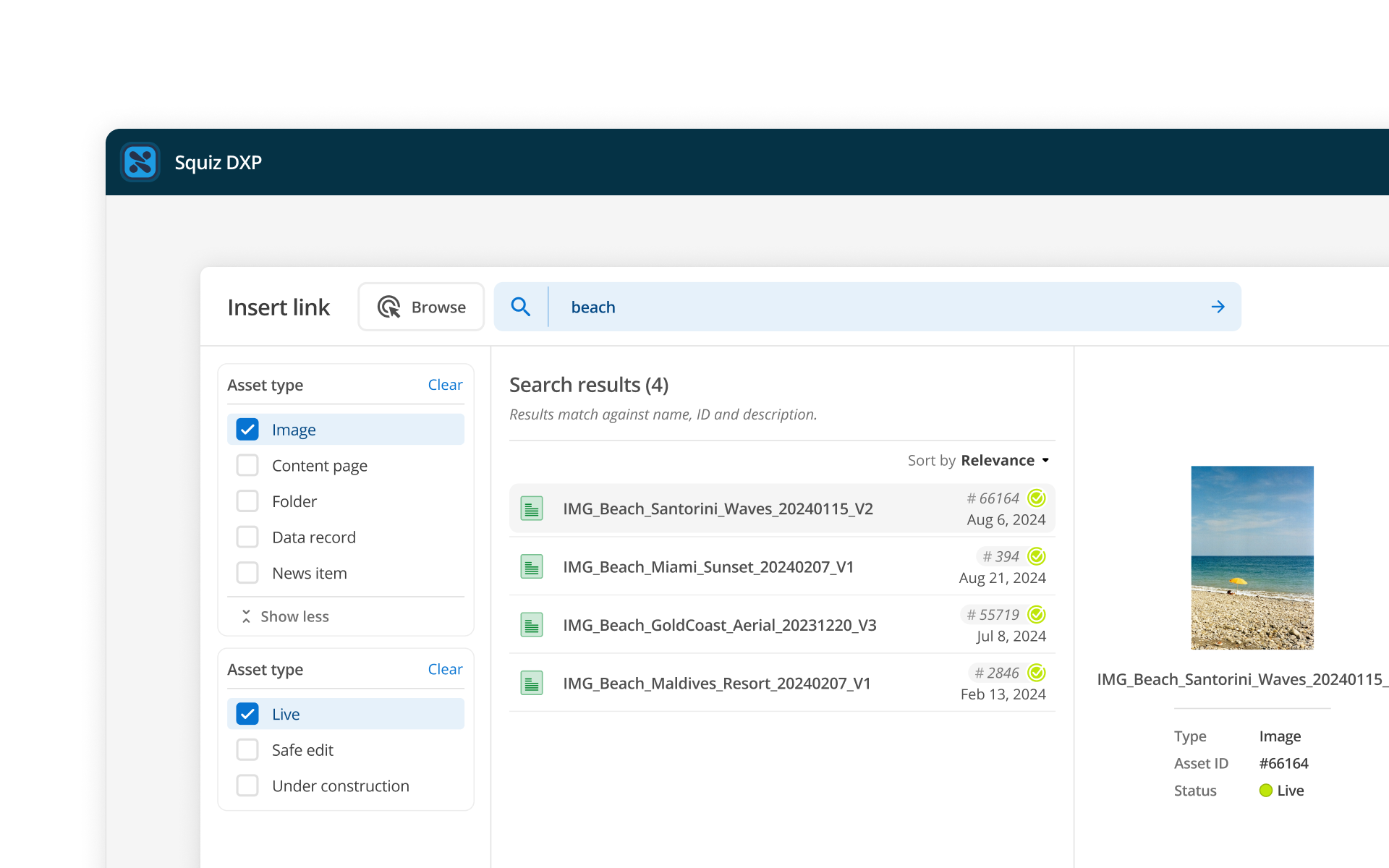 An asset browser interface showing search results for 'beach' with filters for asset types (Image, Content page, etc.) and status (Live, Safe edit). Results display beach images with IDs and dates, with a preview panel showing details of the selected image. 