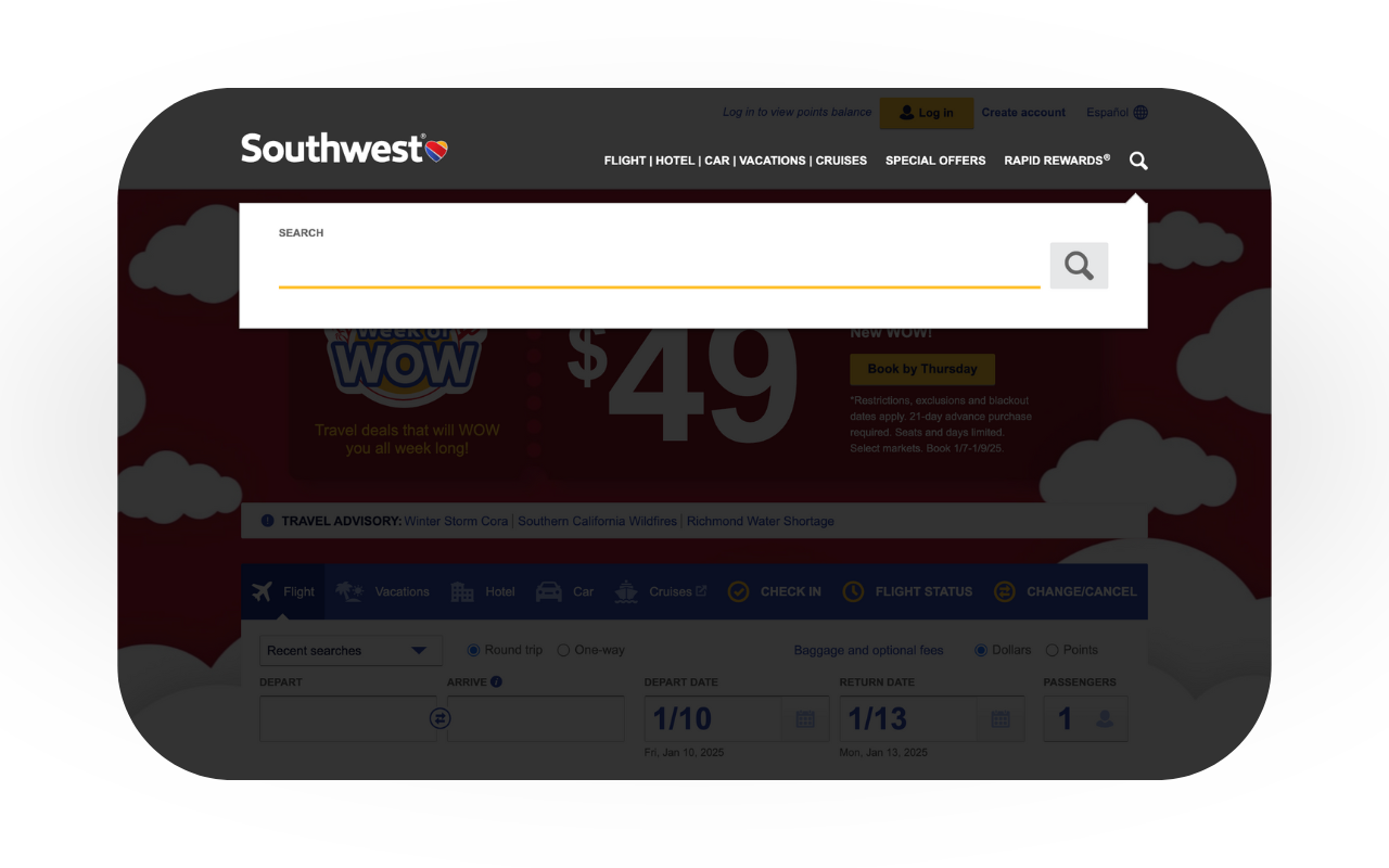 Screenshot of Southwest Airlines search bar