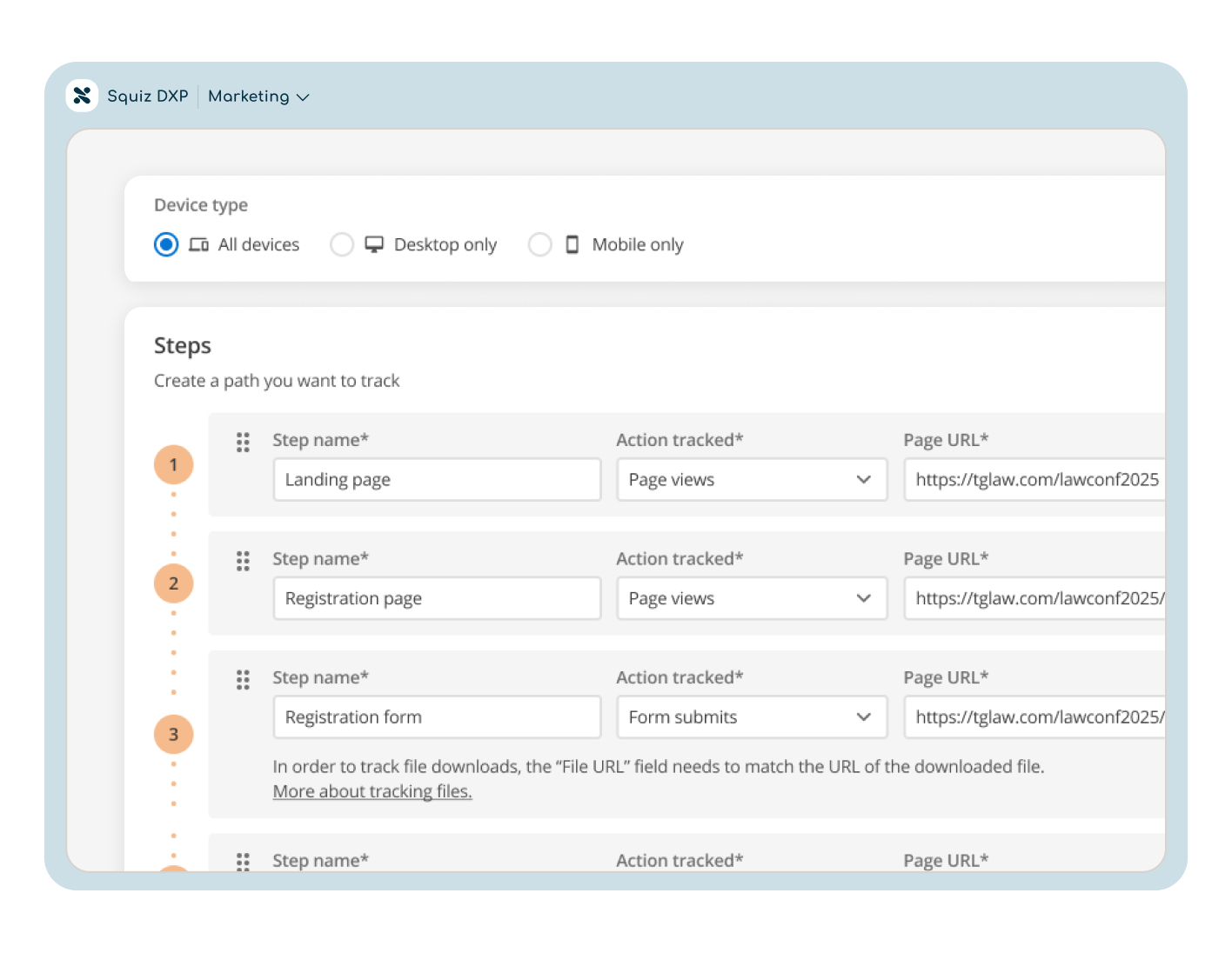 A user interface from Squiz DXP displaying a step-by-step setup for tracking key user journeys. The interface allows users to define a path to track, specifying step names, actions tracked (such as page views or form submissions), and corresponding page URLs. The steps listed include 'Landing page,' 'Registration page,' 'Registration form,' and 'Confirmation screen.'